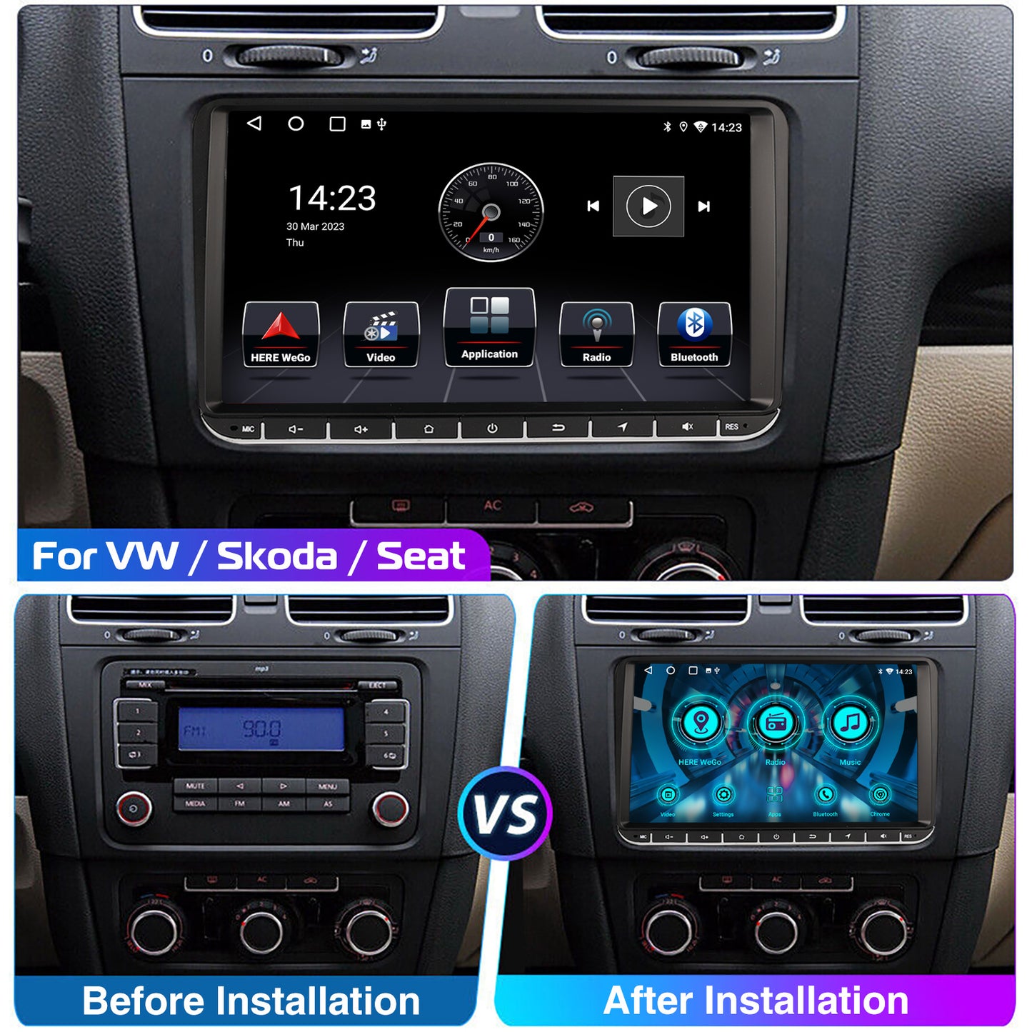 9" Android 14 4+64G Wireless CarPlay Stereo for VW Golf/Passat/Polo/Touran/Tiguan GPS NAVI WIFI BT FM EQ