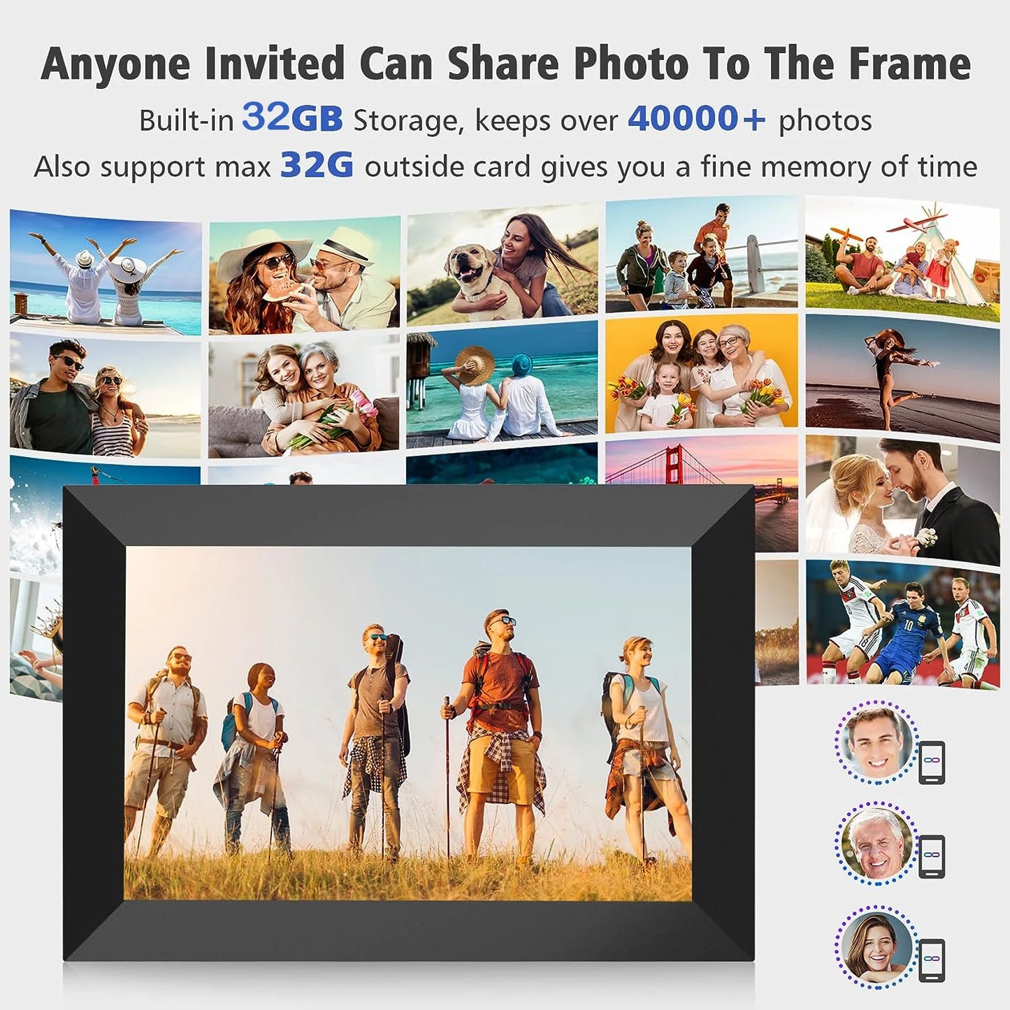 10.1 Inch WiFi Digital Picture Frame 1280x800 IPS Touch Screen 32GB/64GB Wall Mountable Auto Slideshow