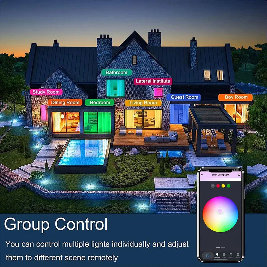 Plafonnier intelligent Wi-Fi 24 W 220 V RGB+CCT, contrôle par application/Alexa/Google Home, éclairage d'ambiance à intensité variable pour chambre et salon