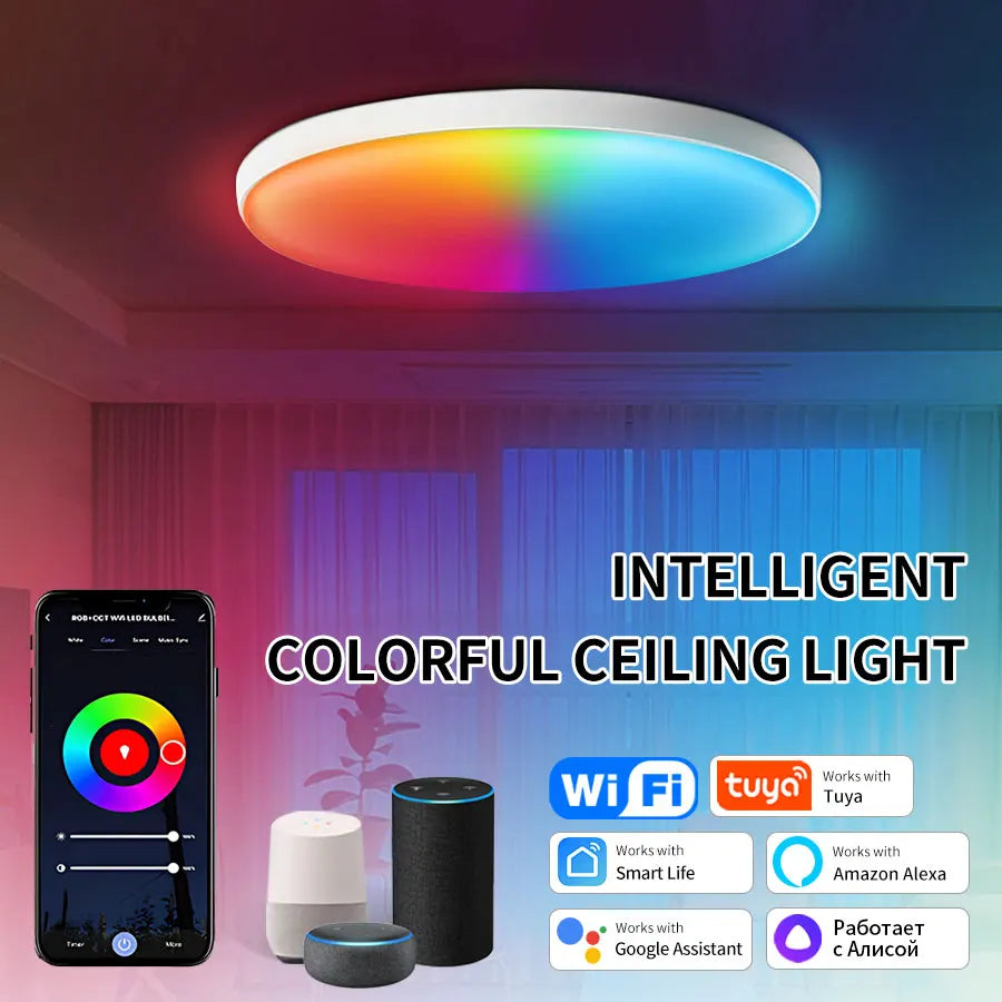 Plafonnier intelligent Wi-Fi 24 W 220 V RGB+CCT, contrôle par application/Alexa/Google Home, éclairage d'ambiance à intensité variable pour chambre et salon