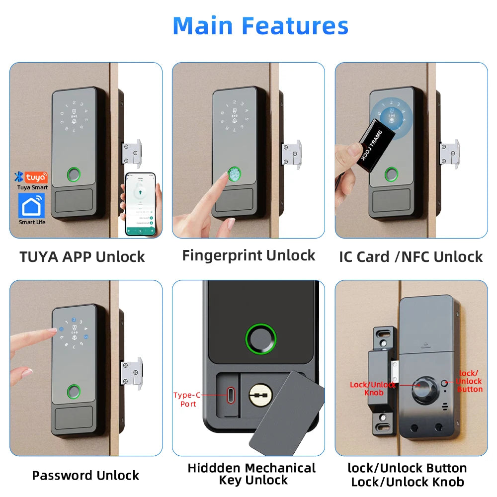Tuya intelligent fingerprint lock Bluetooth/APP/IC card/password four in one anti-theft door wooden door universal electronic lock