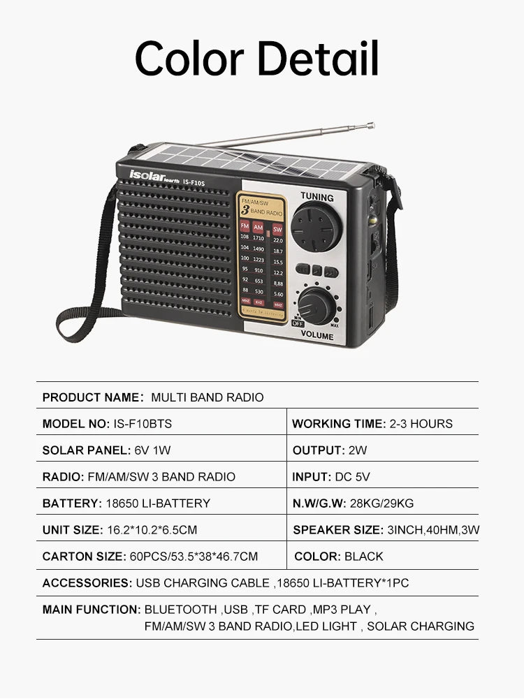 Wireless BT Speaker w/LED Light FM/AM/SW Radio Solar Charger Emergency Full Band High Sensitive
