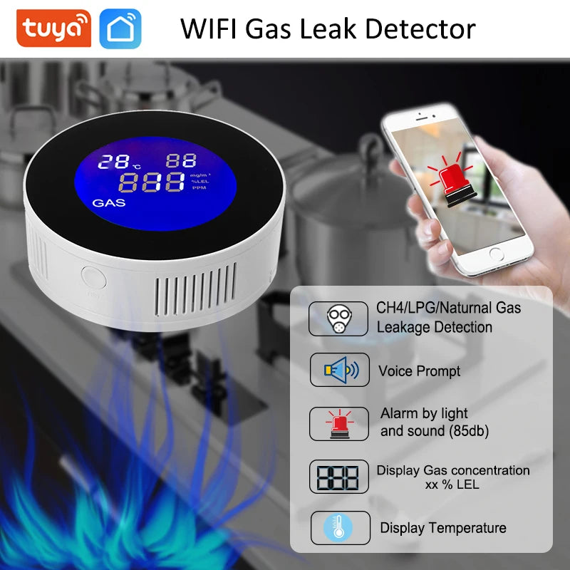 Tuya Smart WiFi Natural Gas/LPG Combustible Gas Alarm with LCD Screen Display&Temperature Monitoring Function Supports Smart Life App Remote Alarm