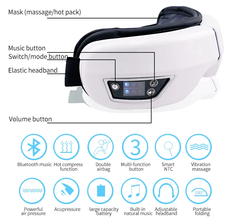 Protection oculaire Bluetooth avec vibrations et compresse chaude à température constante pour soulager la sécheresse oculaire. Protection oculaire pliable et portable pour étudiants et professionnels.