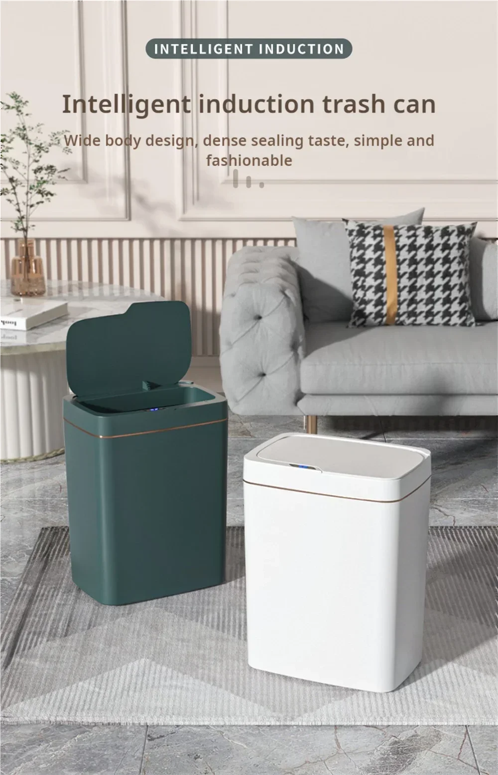 15L intelligent induction garbage bin with automatic packaging and bag changing. Narrow body design suitable for white in bathroom/living room