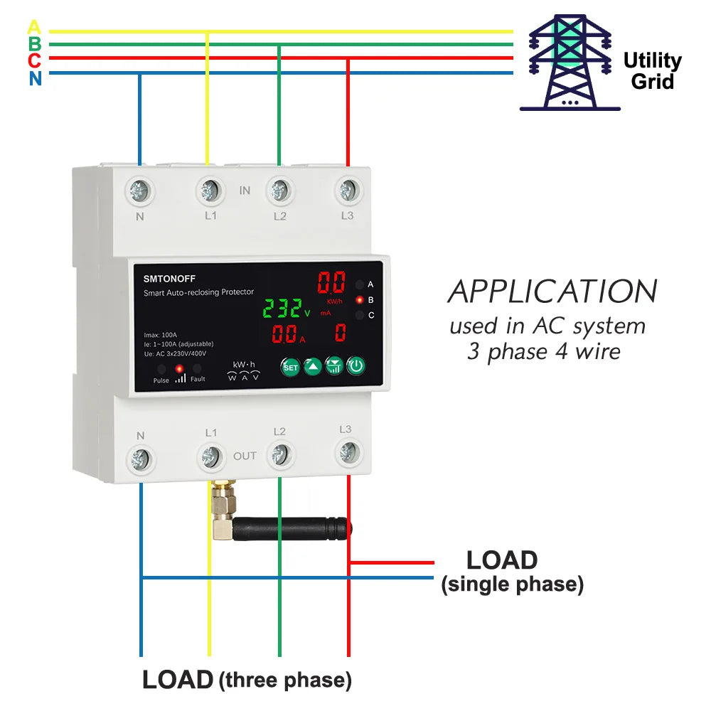 Tuya WiFi Smart 4P 100A Three-Phase Over-Voltage Protector with Auto Reclose Prepaid Energy Meter & Voice Control