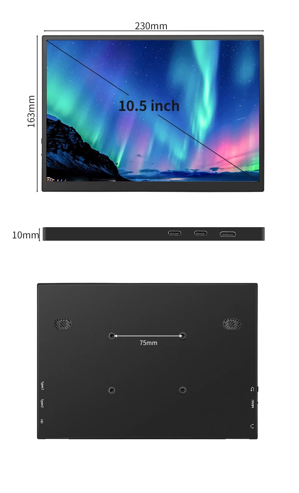 10.5" FHD 1280P Portable Monitor 100% sRGB 420nits IPS Screen w/ Dual USB-C Compatible with Mac/PC/Xbox/PS5/Switch