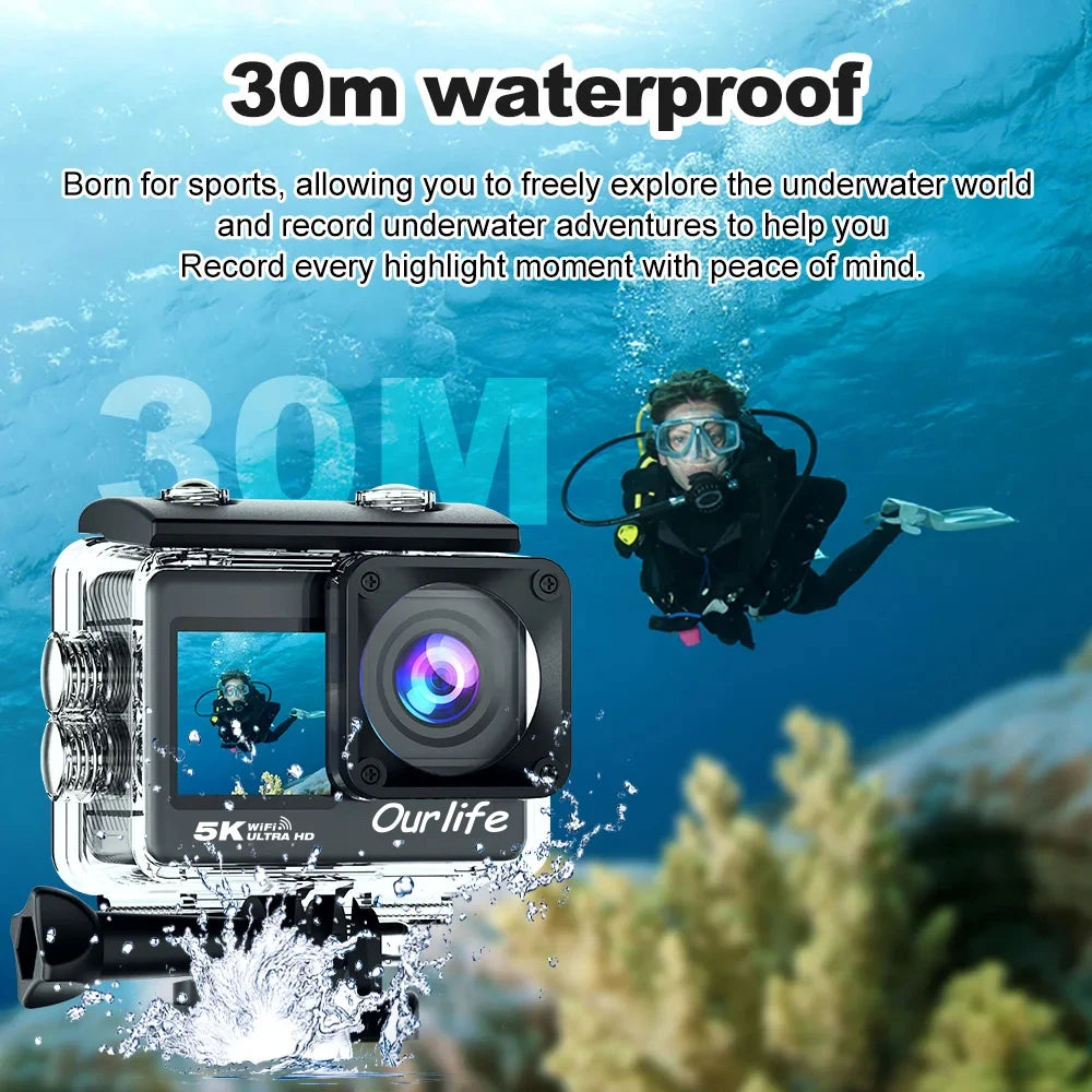 5K/4K60FPS Action Cam: Dual Touch Screen WiFi EIS 170° FOV 30M Waterproof w/ Remote