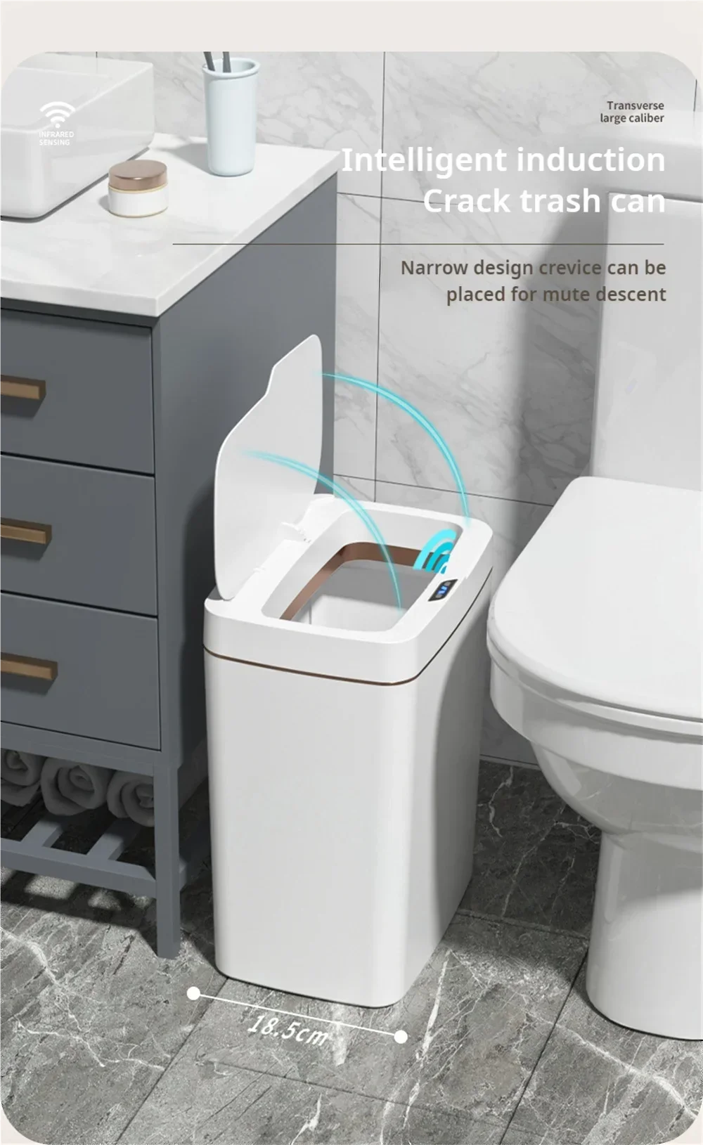 15L intelligent induction garbage bin with automatic packaging and bag changing. Narrow body design suitable for white in bathroom/living room