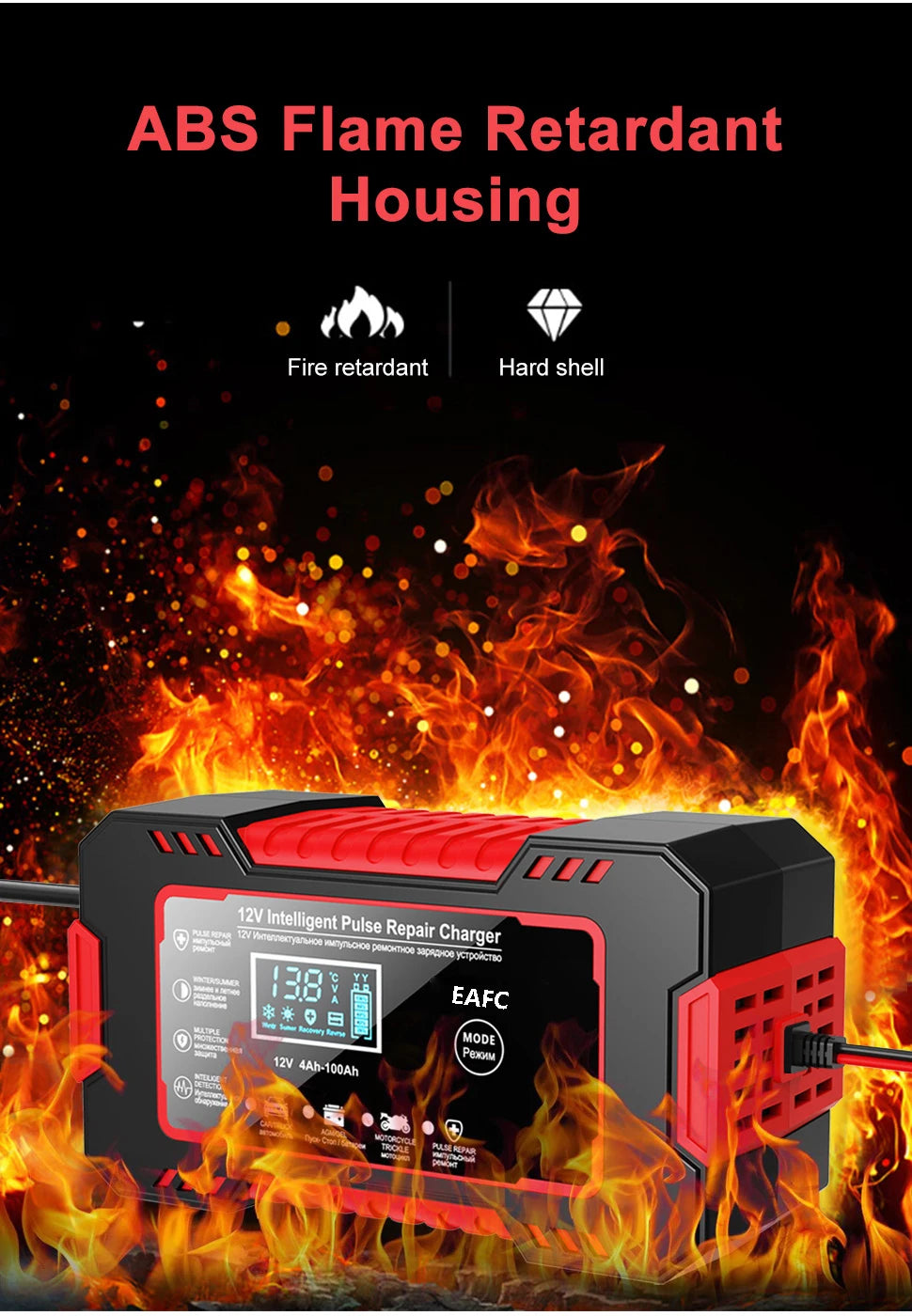 12V6A Smart Battery Charger Pulse Repair LCD Display AGM/GEL/Lead-Acid Auto & Motorcycle