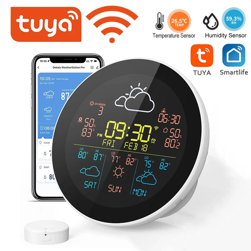 Station météo connectée Tuya Wi-Fi avec écran 7,5 pouces, prévisions sur 3 jours, thermomètre intérieur/extérieur, hygromètre, réveil sans fil et surveillance à distance