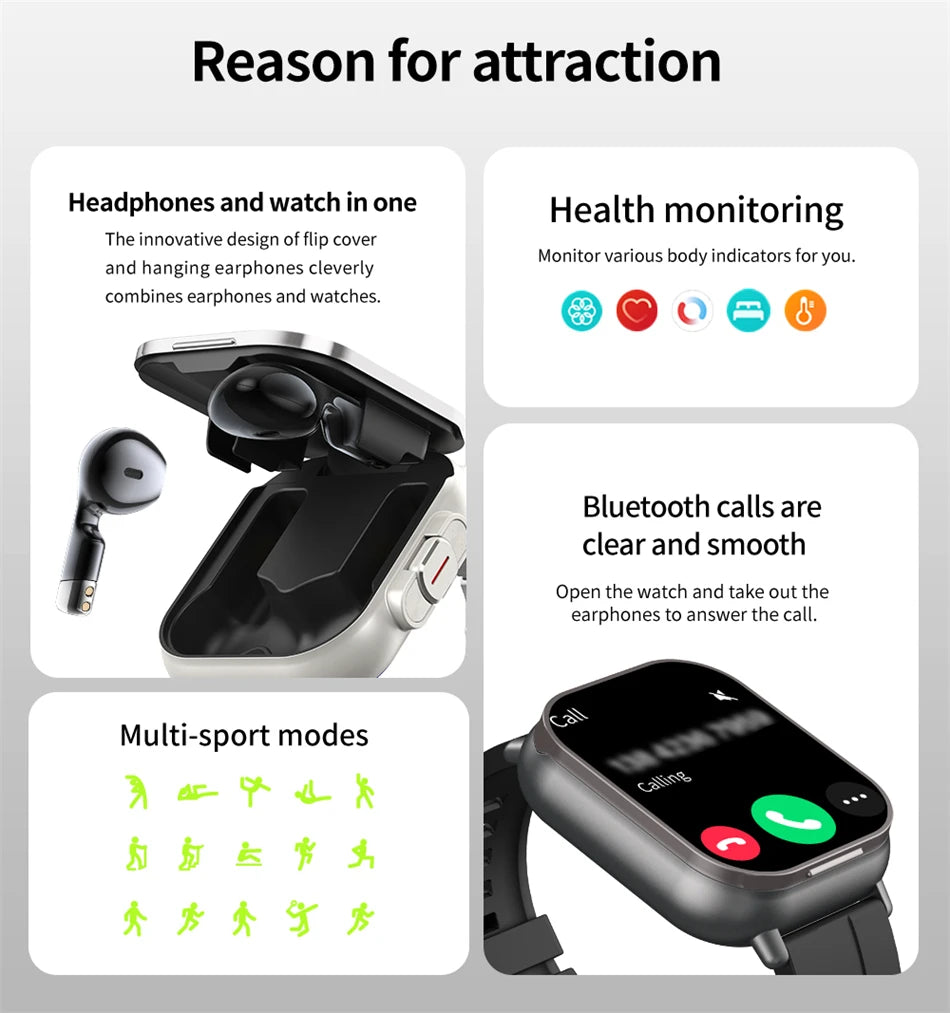 Ultra 2-in-1 Smart Watch with Bluetooth Earphones GPS + Heart Rate Monitor 1.91" HD Touchscreen 3-Day Battery IP67 Waterproof
