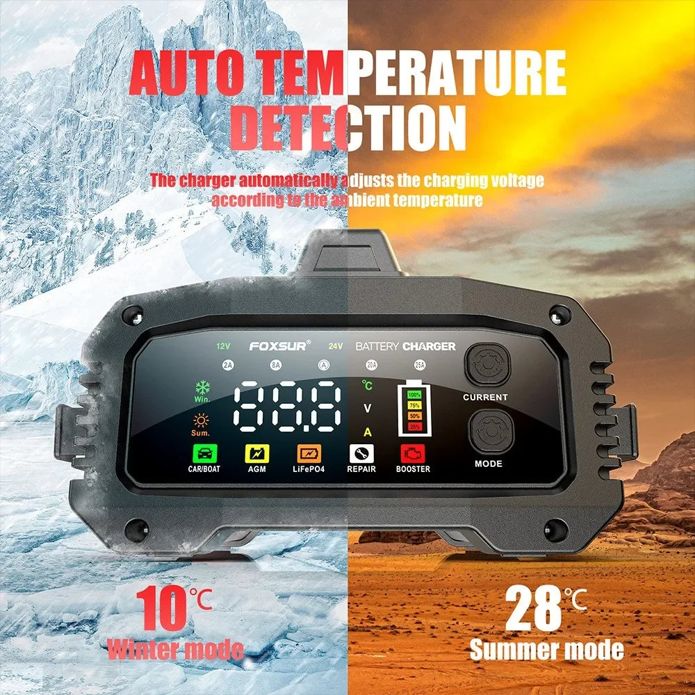 Chargeur intelligent V-24 V 25 A/15 A pour batteries de voiture/moto, plomb-acide/AGM/GEL/LiFePO4, réparation par impulsions
