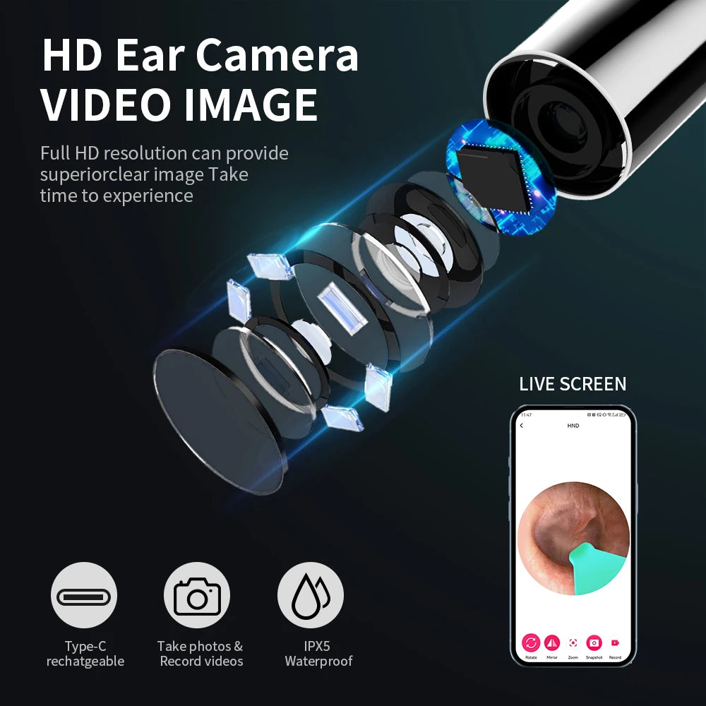USB C Charging Endoscope Wax Removal Tool Earplugs MIni Camera Ear Wash Set Ear Wash with Camera Ear Stick Ear Glasses
