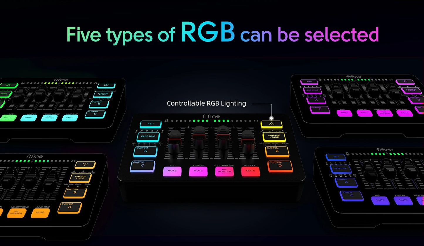 Console de mixage RGB 4 canaux AmpliGame SC3 Pro avec interface XLR/USB et alimentation fantôme 48 V pour jeux/podcasts/YouTube (certifiée Discord/OBS)