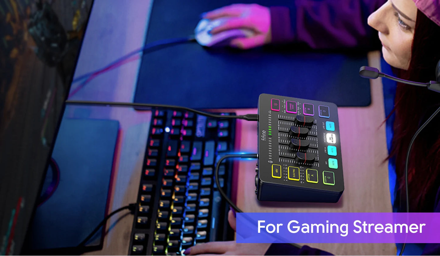 Console de mixage RGB 4 canaux AmpliGame SC3 Pro avec interface XLR/USB et alimentation fantôme 48 V pour jeux/podcasts/YouTube (certifiée Discord/OBS)