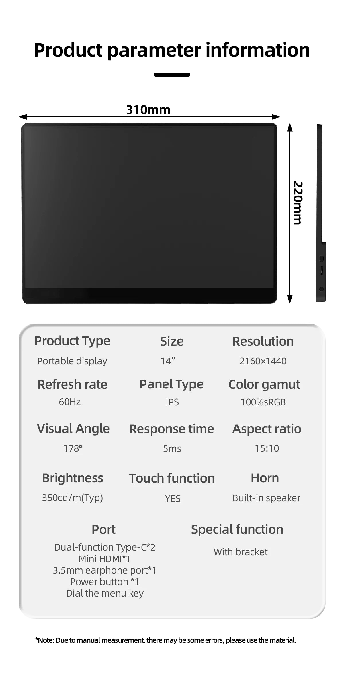 14-inch 2K Portable Monitor 2160x1440 IPS Screen HDMI/USB-C for Laptop/PS5/Xbox/Switch/Mobile