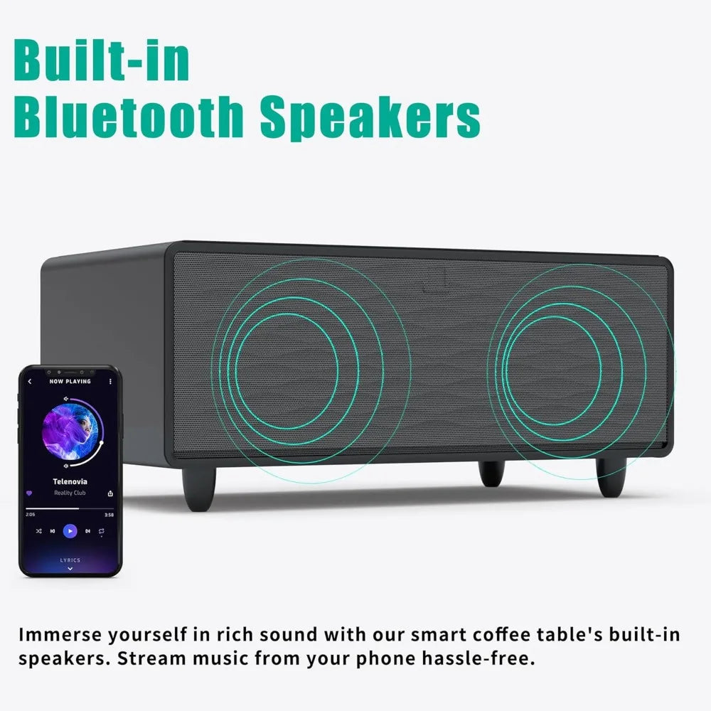 Smart Coffee Table with Built-in Refrigerator, Bluetooth Speaker, Wireless Charging, Touch Panel, and Socket Protection