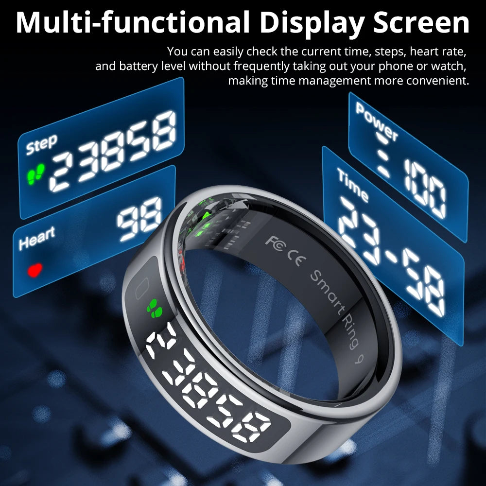 Bague connectée avec écran tactile, moniteur de santé et de forme physique (fréquence cardiaque, sommeil, SpO2), étanche à 5 ATM, chargement sans fil, design unisexe pour hommes et femmes