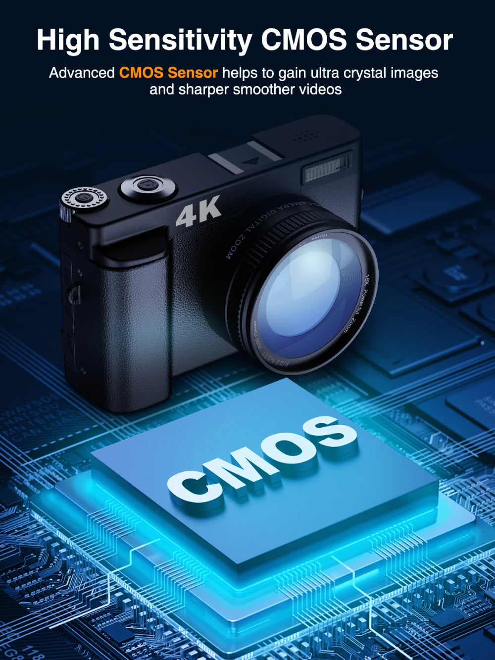 4K/48MP Vlog Camera 3'' Flip Screen Autofocus Anti-Shake 16X Zoom & Flash Compact for Travel