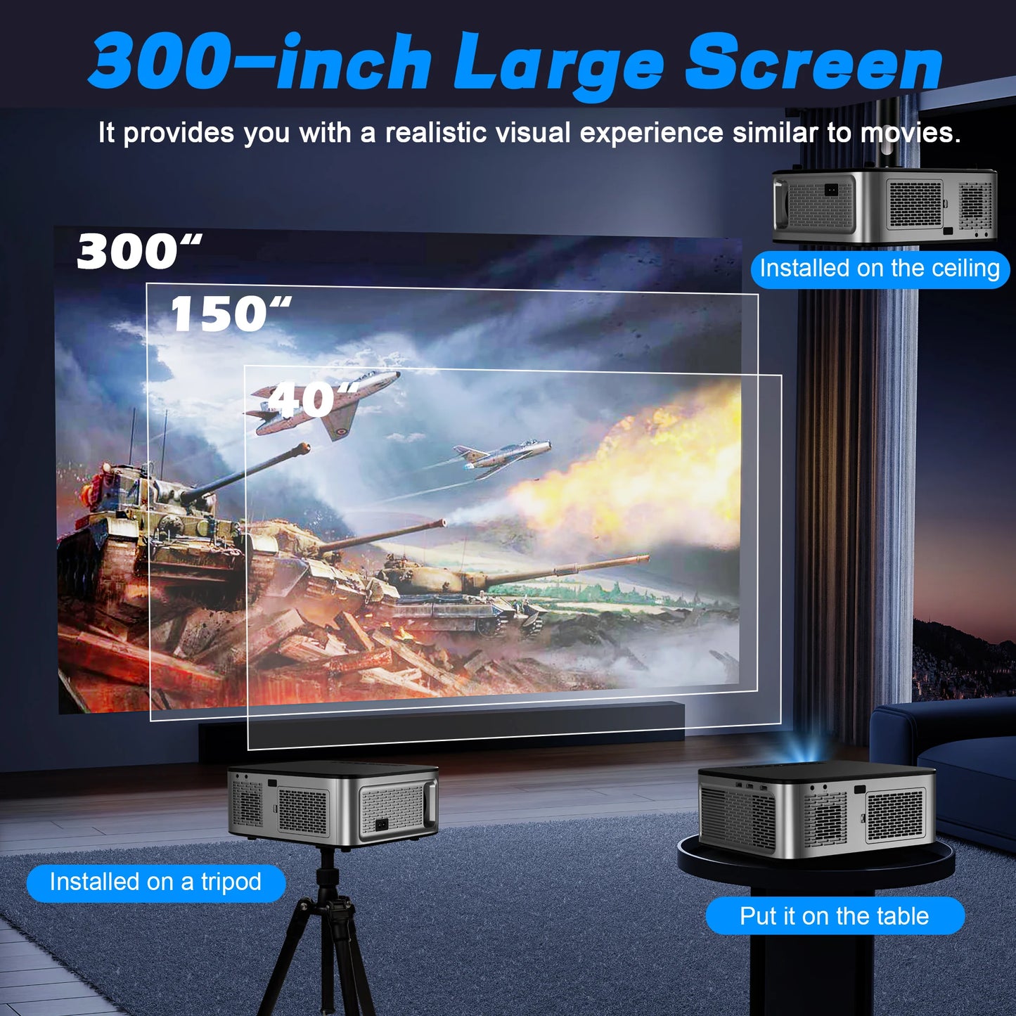 26000 lumens cinema grade giant screen Android 4K projector 8K decoding laser autofocus+trapezoidal correction 5G dual band WiFi portable outdoor