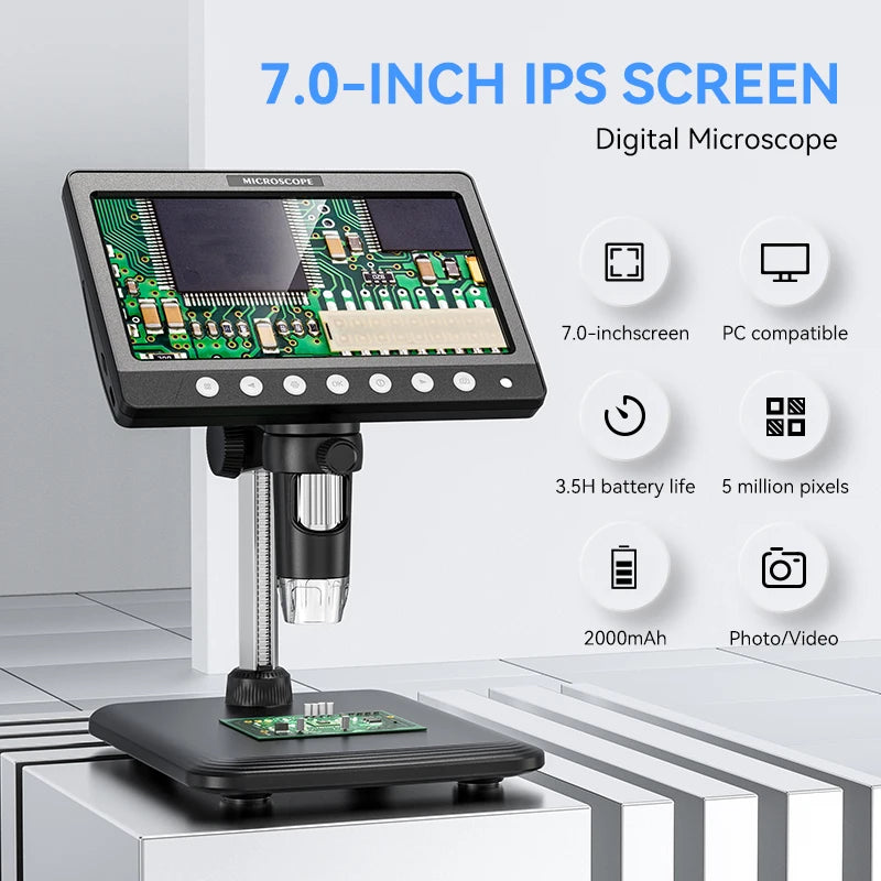 Microscope électronique ultra-clair 5 MP, écran tactile 7 pouces, grossissement 1200x, mesure professionnelle pour pièces de monnaie/PCB avec éclairage 8 LED sans ombre
