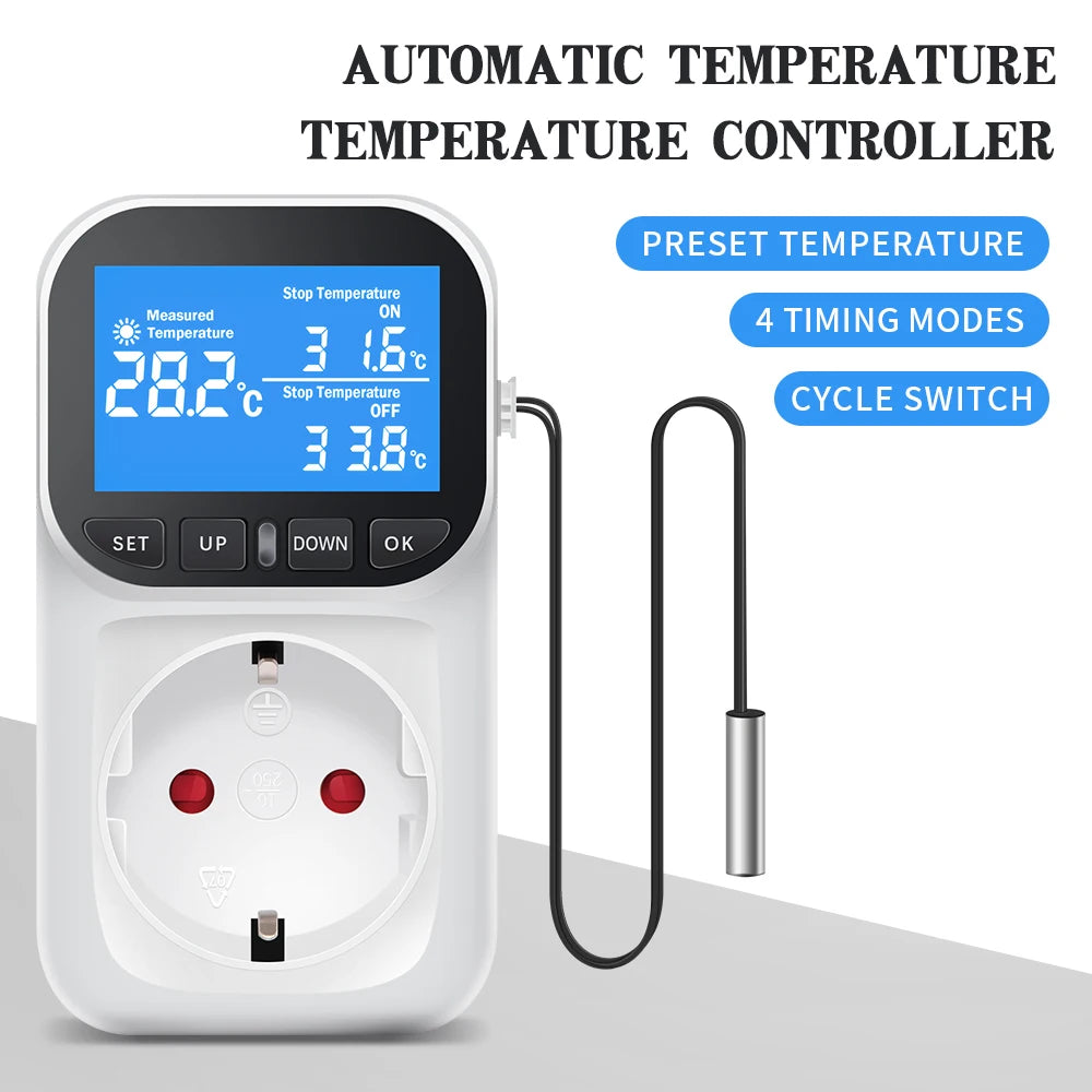Digitaler Temperaturregler-Thermostat, 16 A, EU-Stecker, mit Timer und Sensorsonde für Heiz-/Kühlgeräte – Hintergrundbeleuchtung und Speicherfunktion