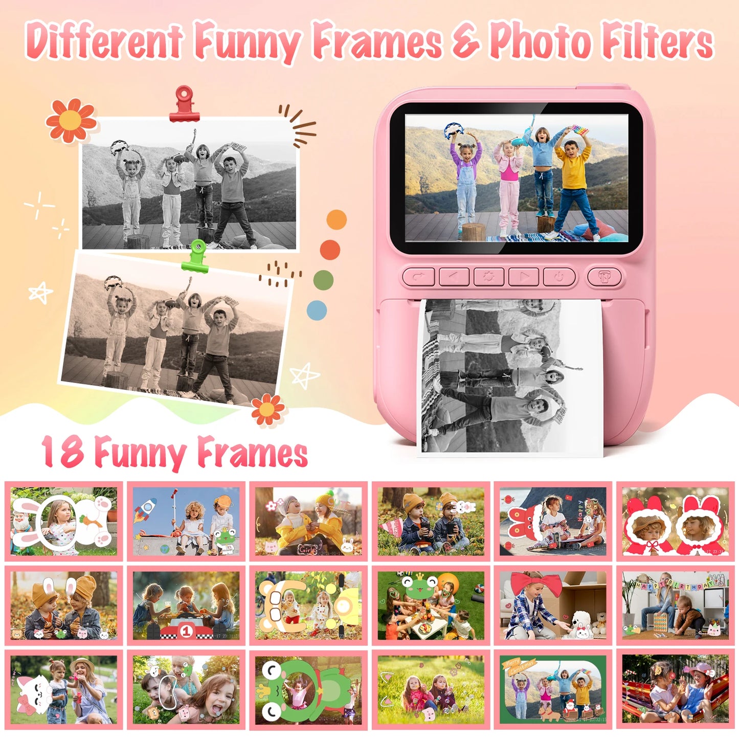 Kids Instant Print Camera 32MP HD 1080P 3" Screen & 3 Paper Rolls Fun Gift Ages 6-12 Years