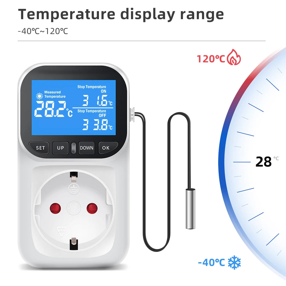 Digitaler Temperaturregler-Thermostat, 16 A, EU-Stecker, mit Timer und Sensorsonde für Heiz-/Kühlgeräte – Hintergrundbeleuchtung und Speicherfunktion