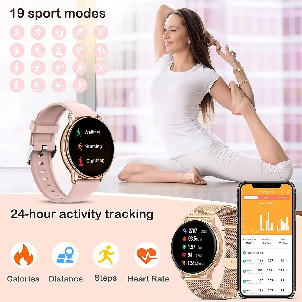 Montre connectée pour femme, moniteur d'activité physique, moniteur de fréquence cardiaque, compatible Android et iOS, avec appels Bluetooth