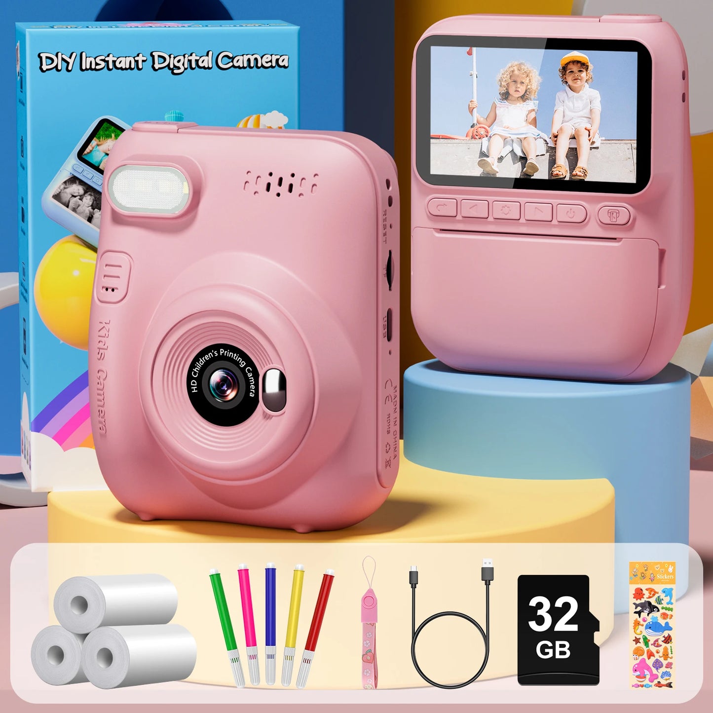 Kids Instant Print Camera 32MP HD 1080P 3" Screen & 3 Paper Rolls Fun Gift Ages 6-12 Years