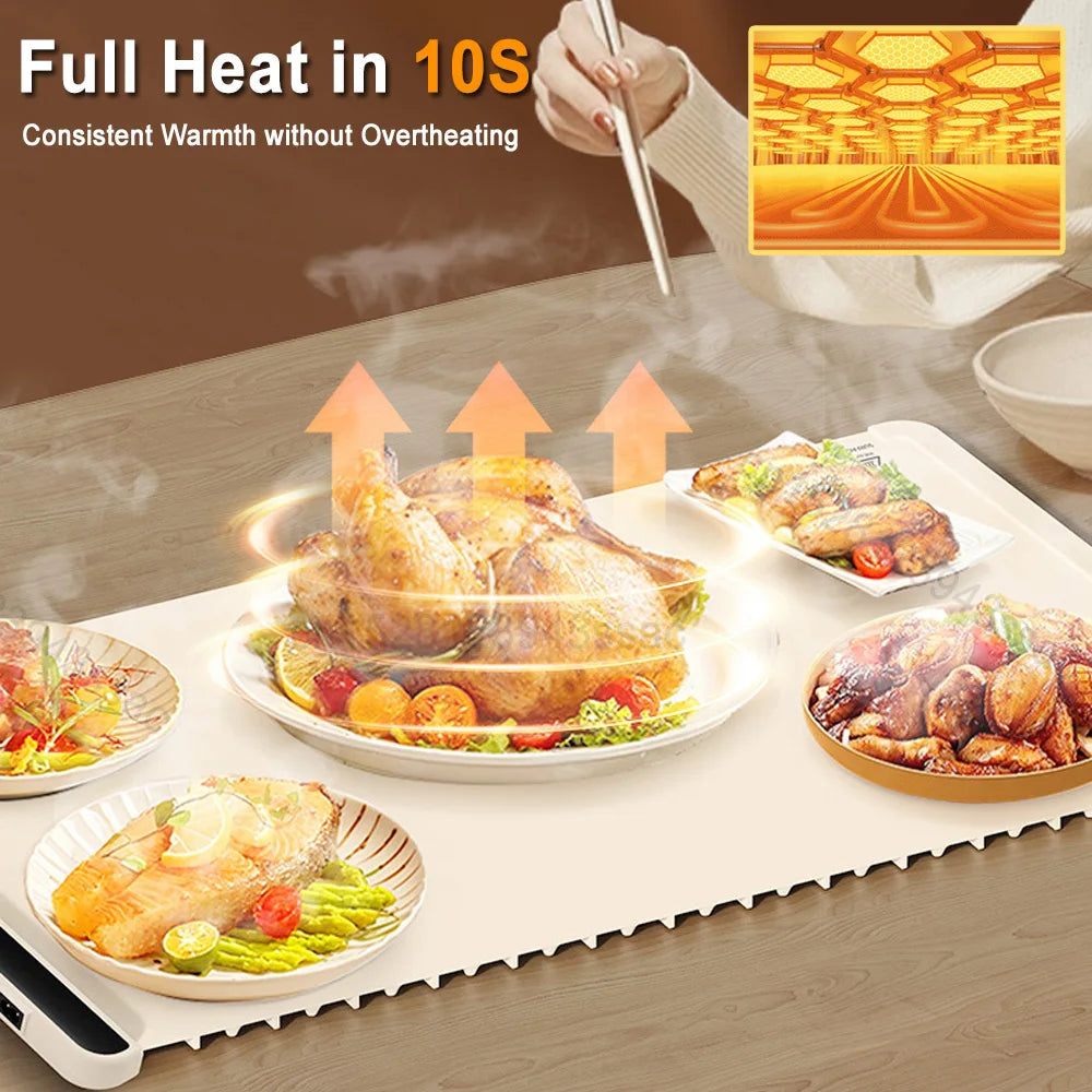 3-Temp Foldable Electric Food Warmer Portable Heating Tray with Fast Heating Tech Smart Silicone Mat for Home/Office