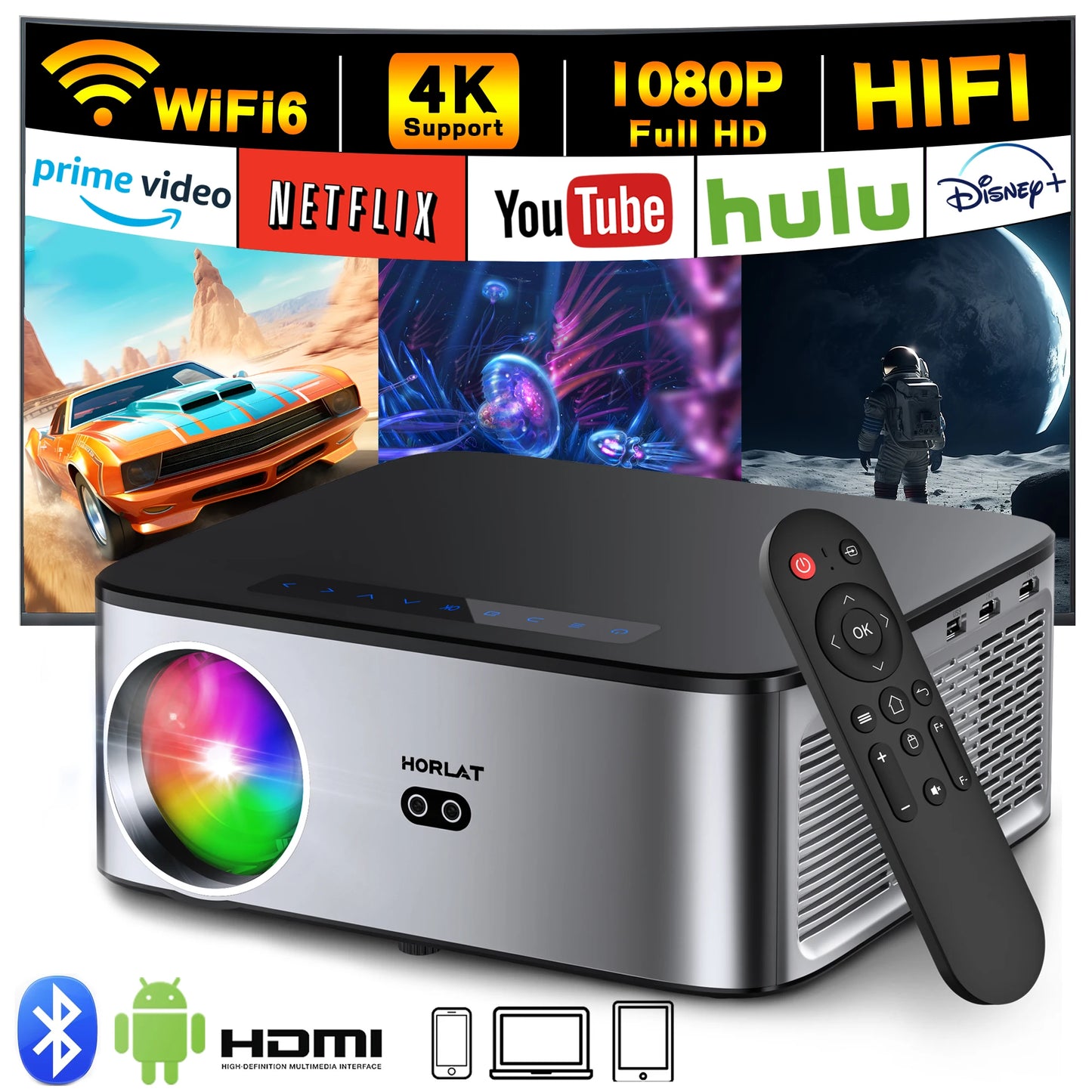 26000 lumens cinema grade giant screen Android 4K projector 8K decoding laser autofocus+trapezoidal correction 5G dual band WiFi portable outdoor