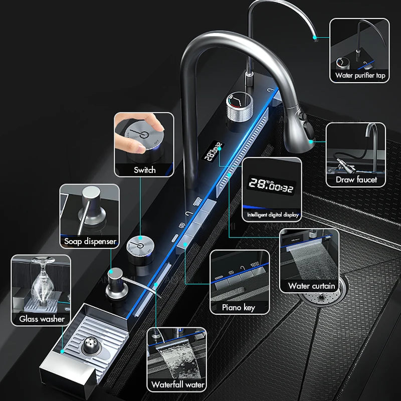 Integrated Digital Display Faucet Set Soap Cup Cleaning Machine 304 Stainless Steel Waterfall Style Kitchen Sink Large Single Slot