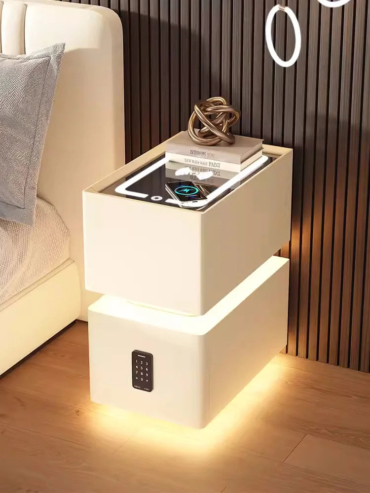 Smart Bedside Table with Wireless Charging and Induction Light, Nordic Style Storage Cabinet, Bedroom Bedside Table