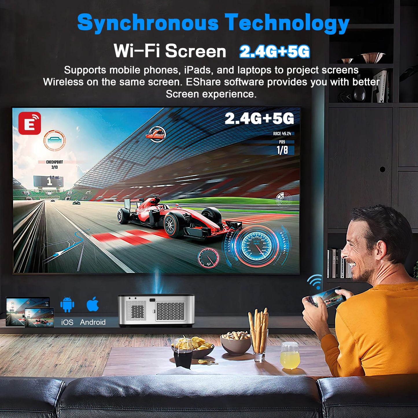 26000 lumens cinema grade giant screen Android 4K projector 8K decoding laser autofocus+trapezoidal correction 5G dual band WiFi portable outdoor