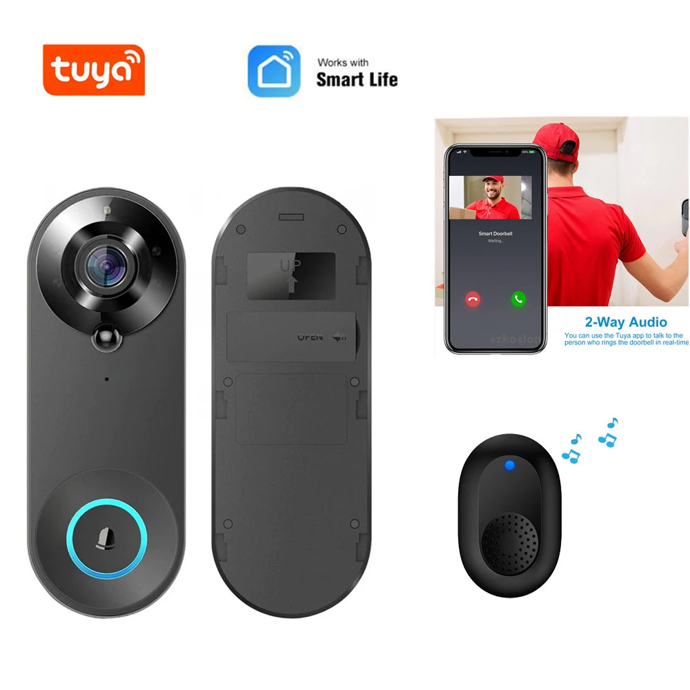 Tuya 1080P WiFi Smart Doorbell Camera Wireless High-Definition Visual Intercom, PIR Human Body Sensing+Motion Detection, IP65 Waterproof Night Vision Supports Remote Monitoring