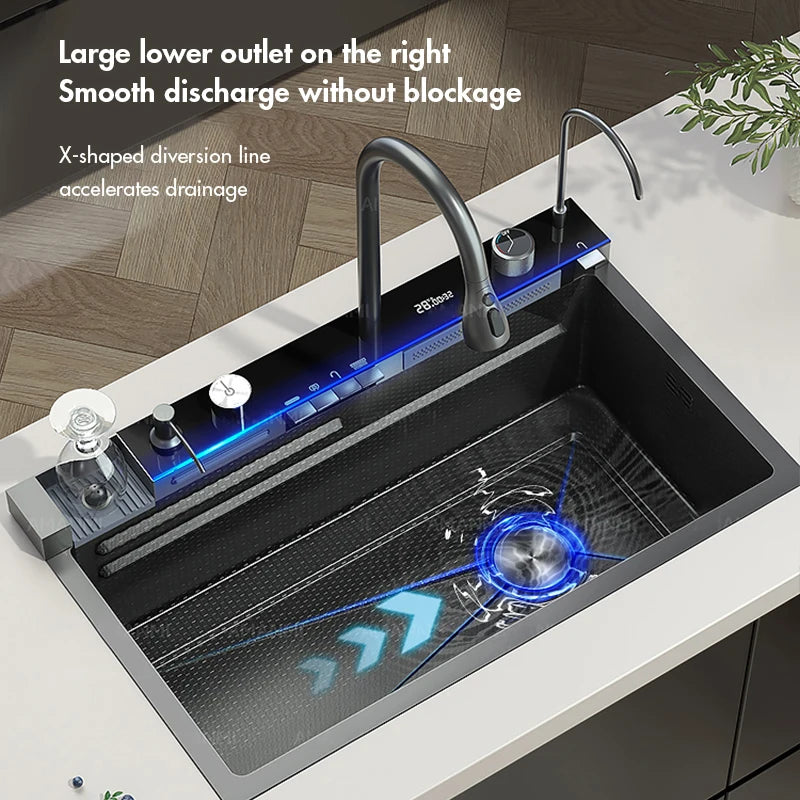 Integrated Digital Display Faucet Set Soap Cup Cleaning Machine 304 Stainless Steel Waterfall Style Kitchen Sink Large Single Slot