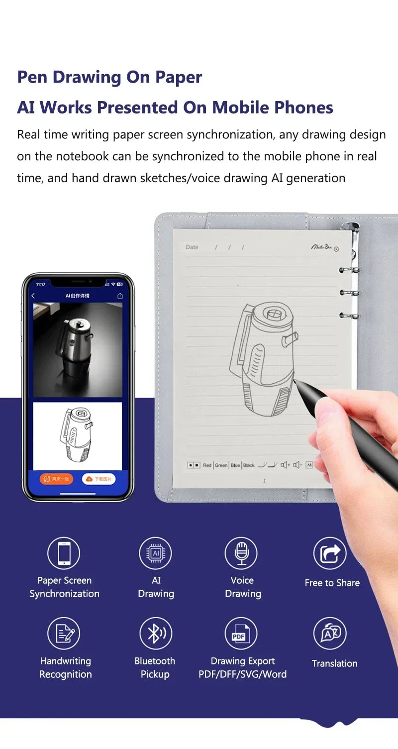 AI Digital Handwriting Notebook Bluetooth Sync Pen A5 Smart Cloud Drawing Pad & Playback Note