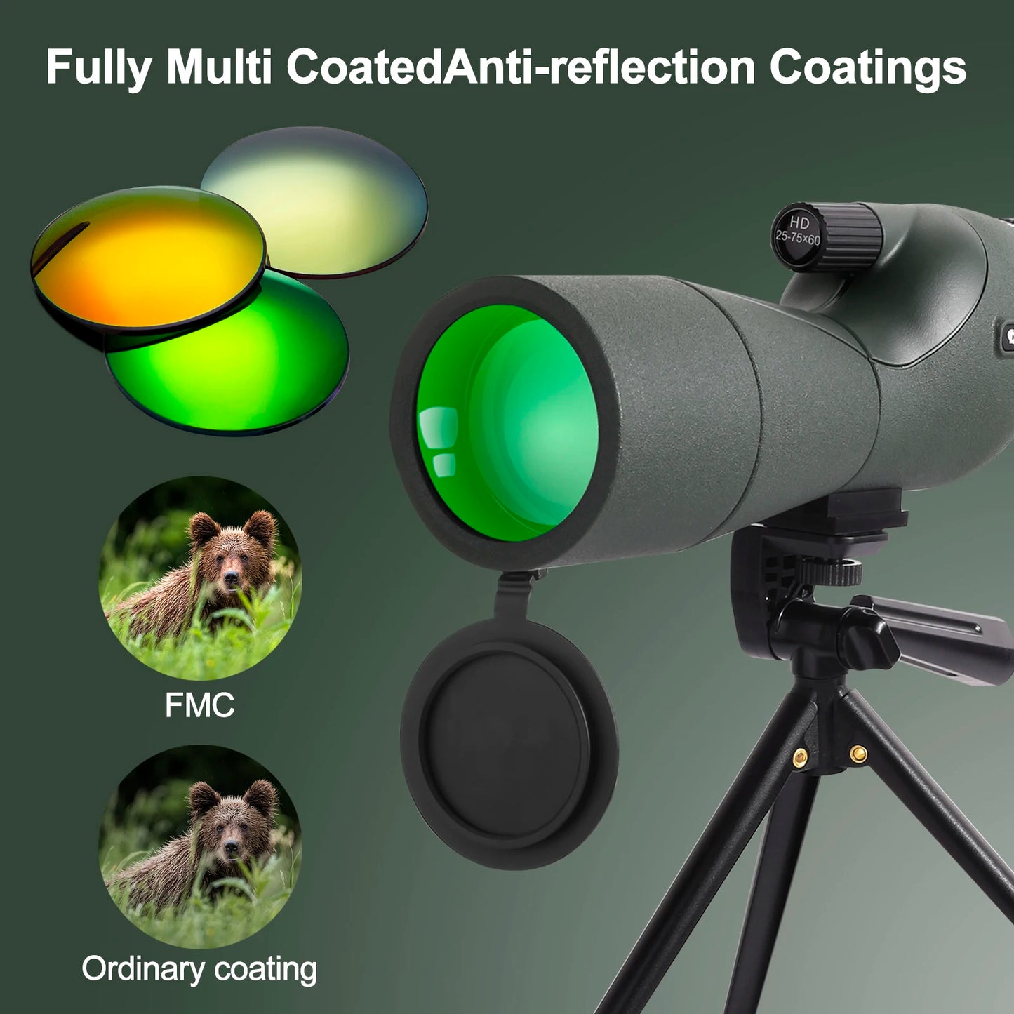 25-75x60 BAK4 FMC Spektiv, wasserdichtes Zoom-Monokular zur Vogelbeobachtung mit Stativ