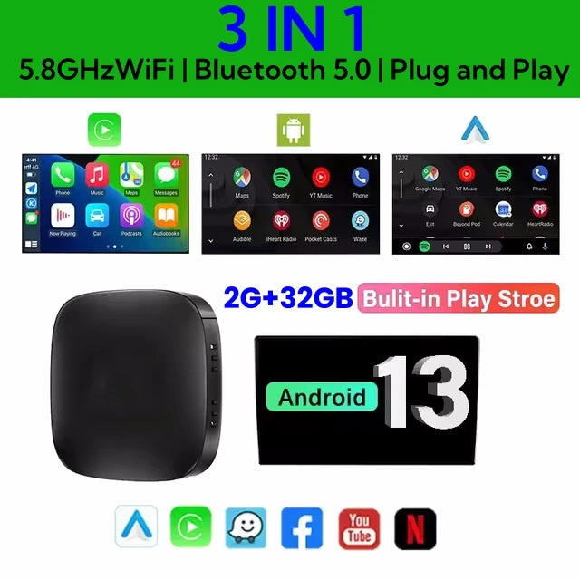 5G WiFi Smart AI Box Wireless Android Auto/CarPlay Adapter with Netflix/YouTube Support Plug & Play Car Intelligence Upgrade