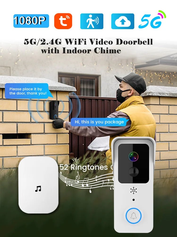 Tuya Smart 5G/2.4G WiFi Video Doorbell 1080P HD Outdoor Wireless Camera, Weatherproof Intercom, Motion Detection Two-Way Audio AC/DC Power Remote Access Compatible with Alexa/Google Assistant