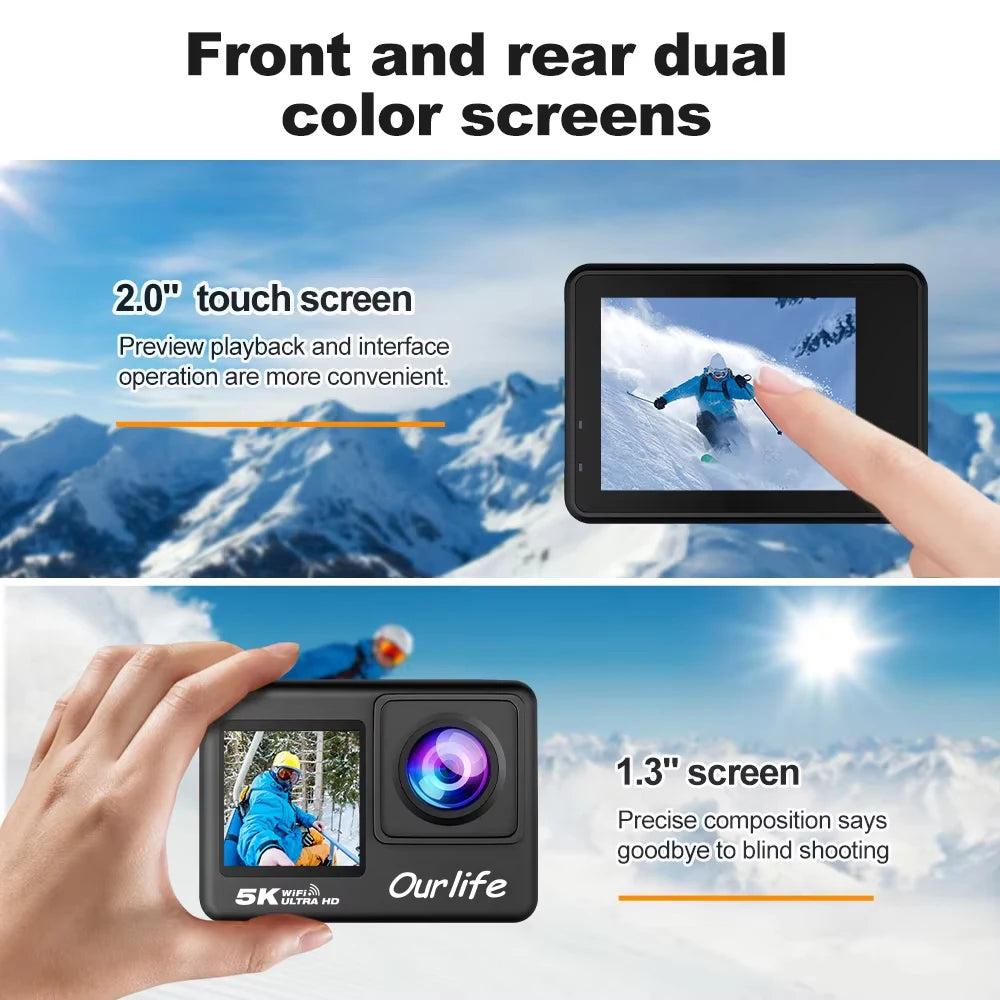 5K/4K60FPS Action Cam: Dual Touch Screen WiFi EIS 170° FOV 30M Waterproof w/ Remote