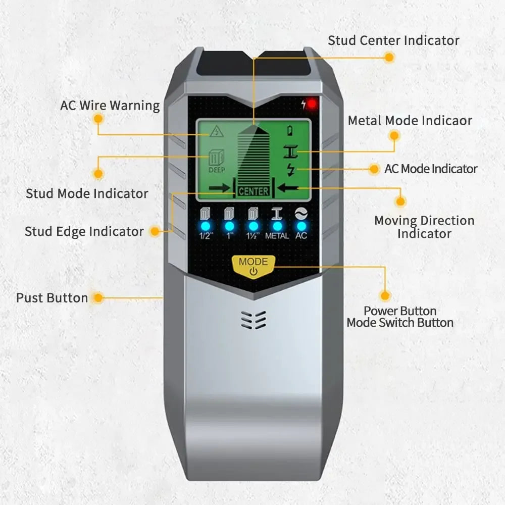 5-in-1 Electronic Wall Scanner Stud/Metal/Wood Detector LCD Display AC Wire Detection Portable Handheld Measuring Tool