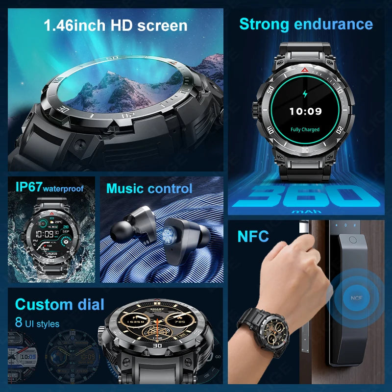 Montre connectée NFC 2 en 1 avec casque, appels musicaux locaux, moniteur de santé, montre de sport étanche IP68