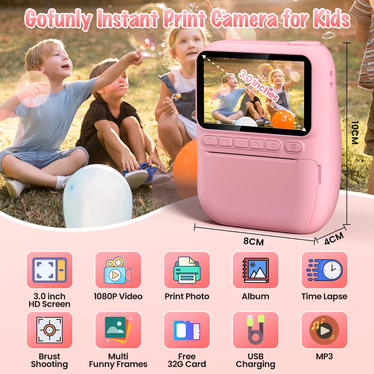 Kids Instant Print Camera 32MP HD 1080P 3" Screen & 3 Paper Rolls Fun Gift Ages 6-12 Years