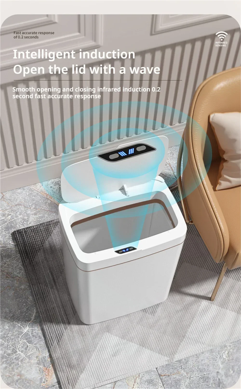 15L intelligent induction garbage bin with automatic packaging and bag changing. Narrow body design suitable for white in bathroom/living room
