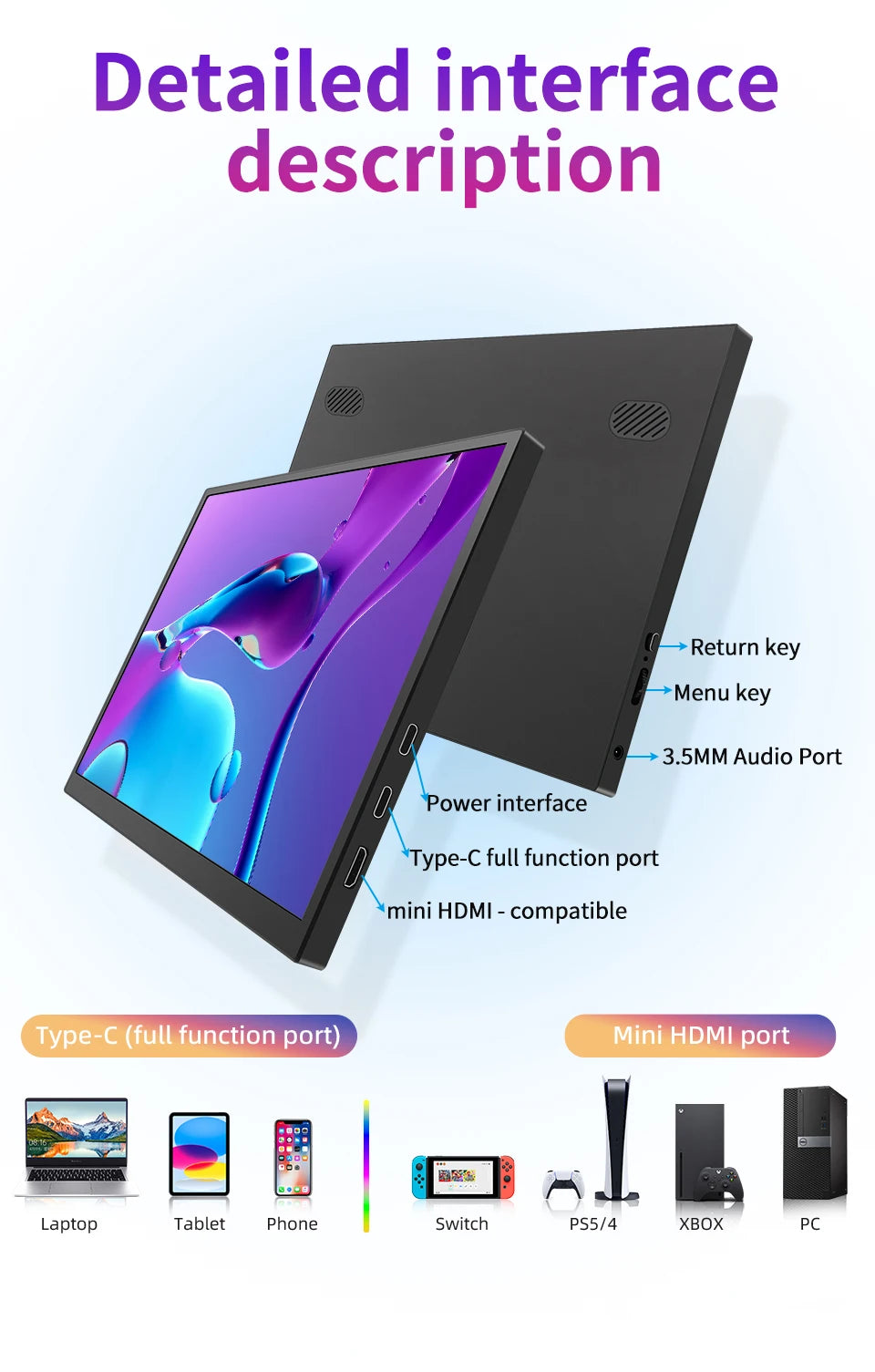 10.5" FHD 1280P Portable Monitor 100% sRGB 420nits IPS Screen w/ Dual USB-C Compatible with Mac/PC/Xbox/PS5/Switch