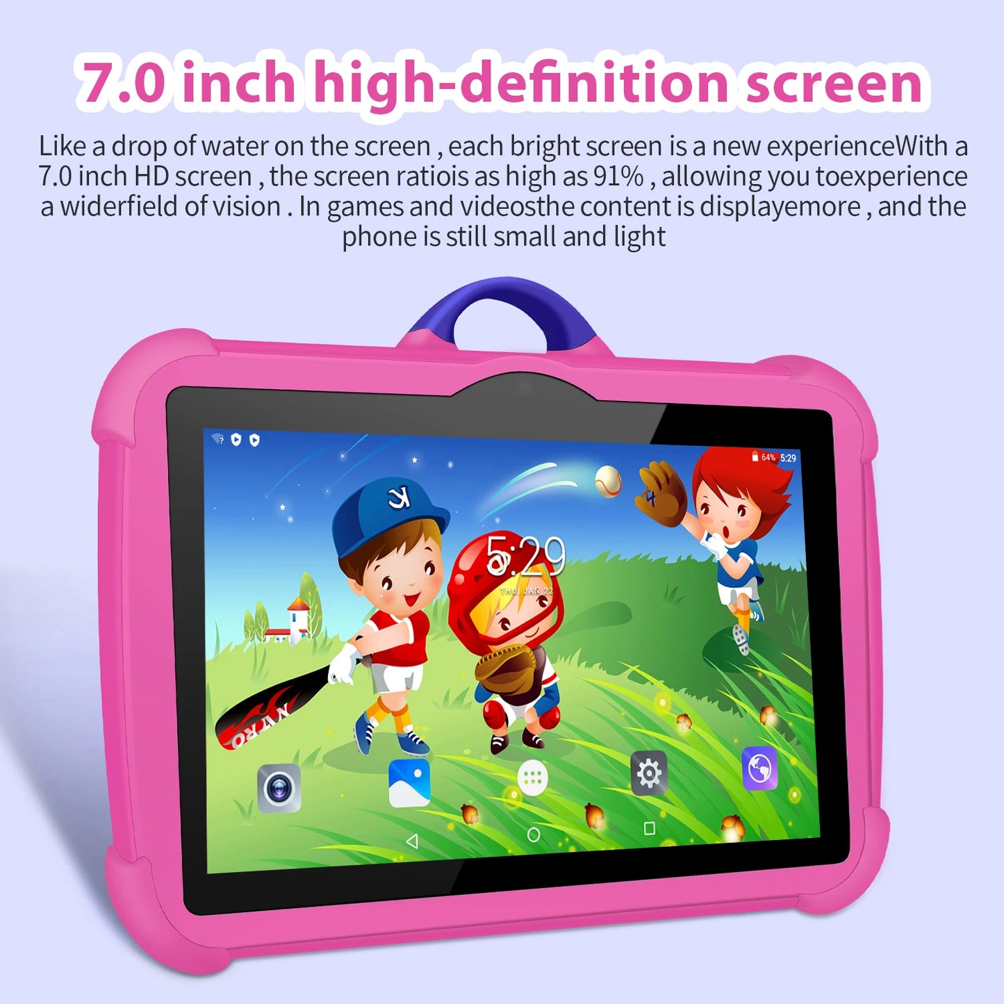 Tablette d'apprentissage pour enfants 7 pouces, 4 Go/64 Go, Android Quad-Core, design dessin animé et jeux éducatifs