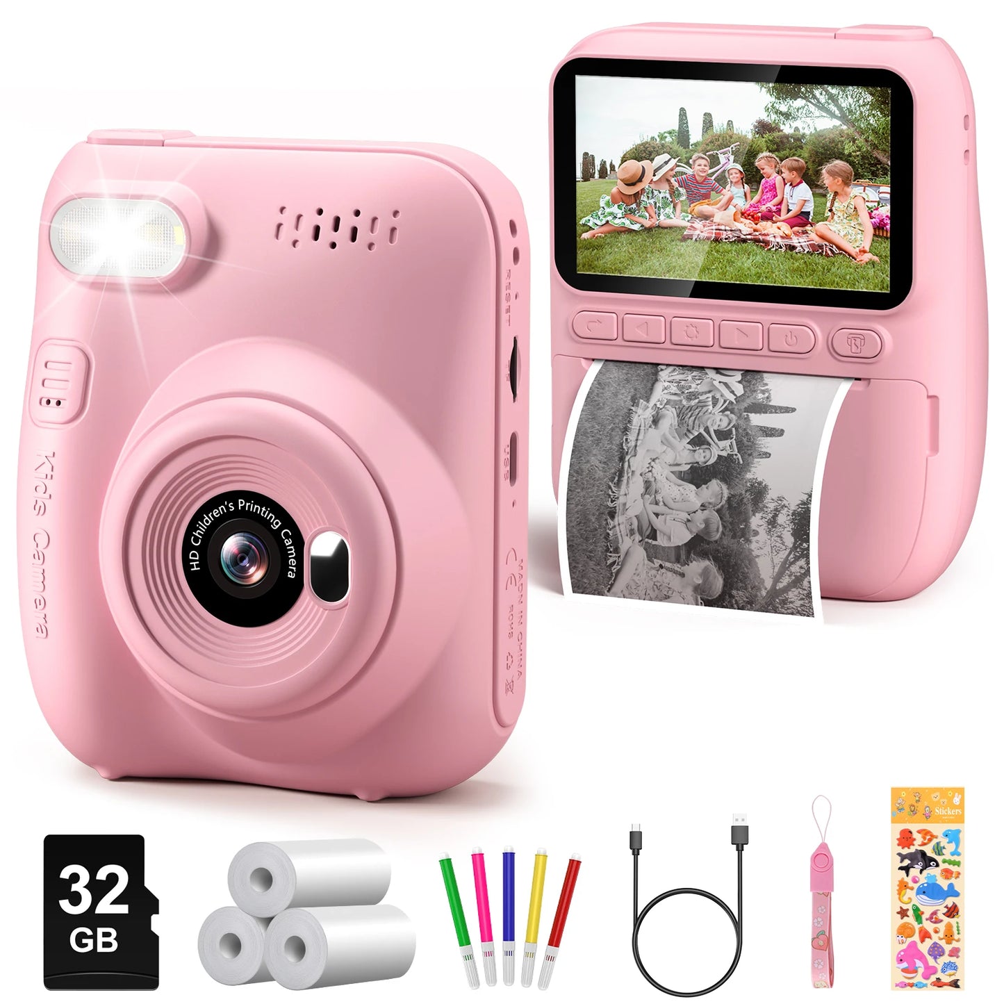 Kids Instant Print Camera 32MP HD 1080P 3" Screen & 3 Paper Rolls Fun Gift Ages 6-12 Years